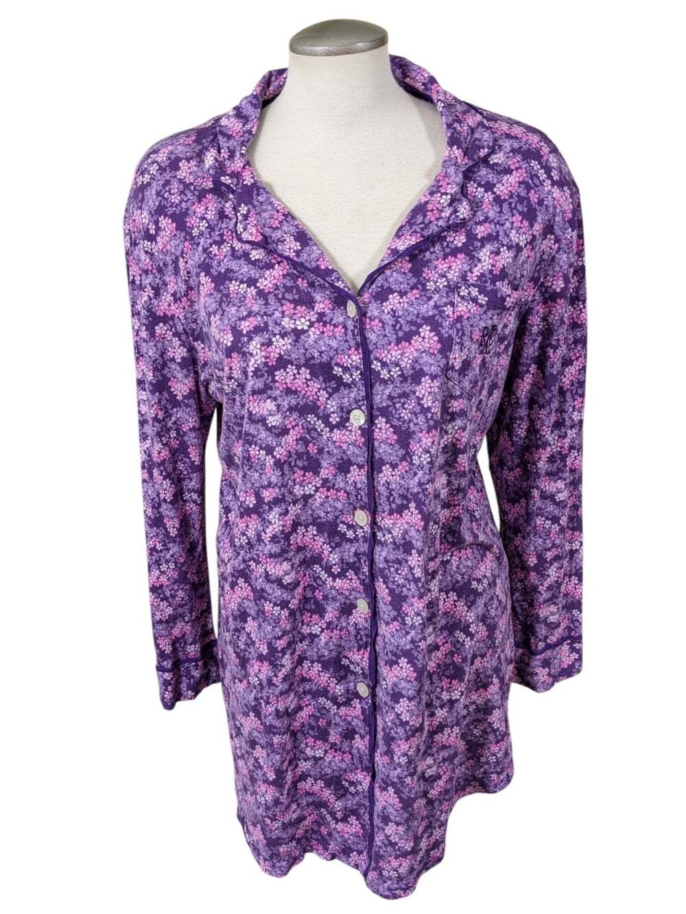 Lauren Ralph Lauren Purple Floral Sleepshirt Cottagecore Monogram Logo Large